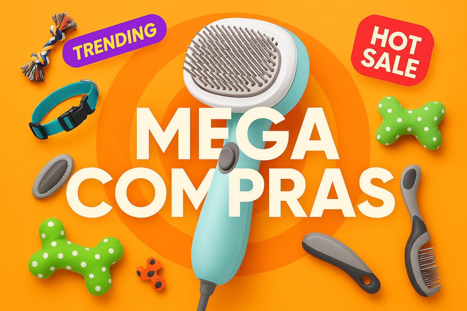 otra imagen parecida a banner de ventas de prodcutos en tendencia, pero que tenga cosas de mascotas cono el cepillo con vapor y el banner diga Mega Compras